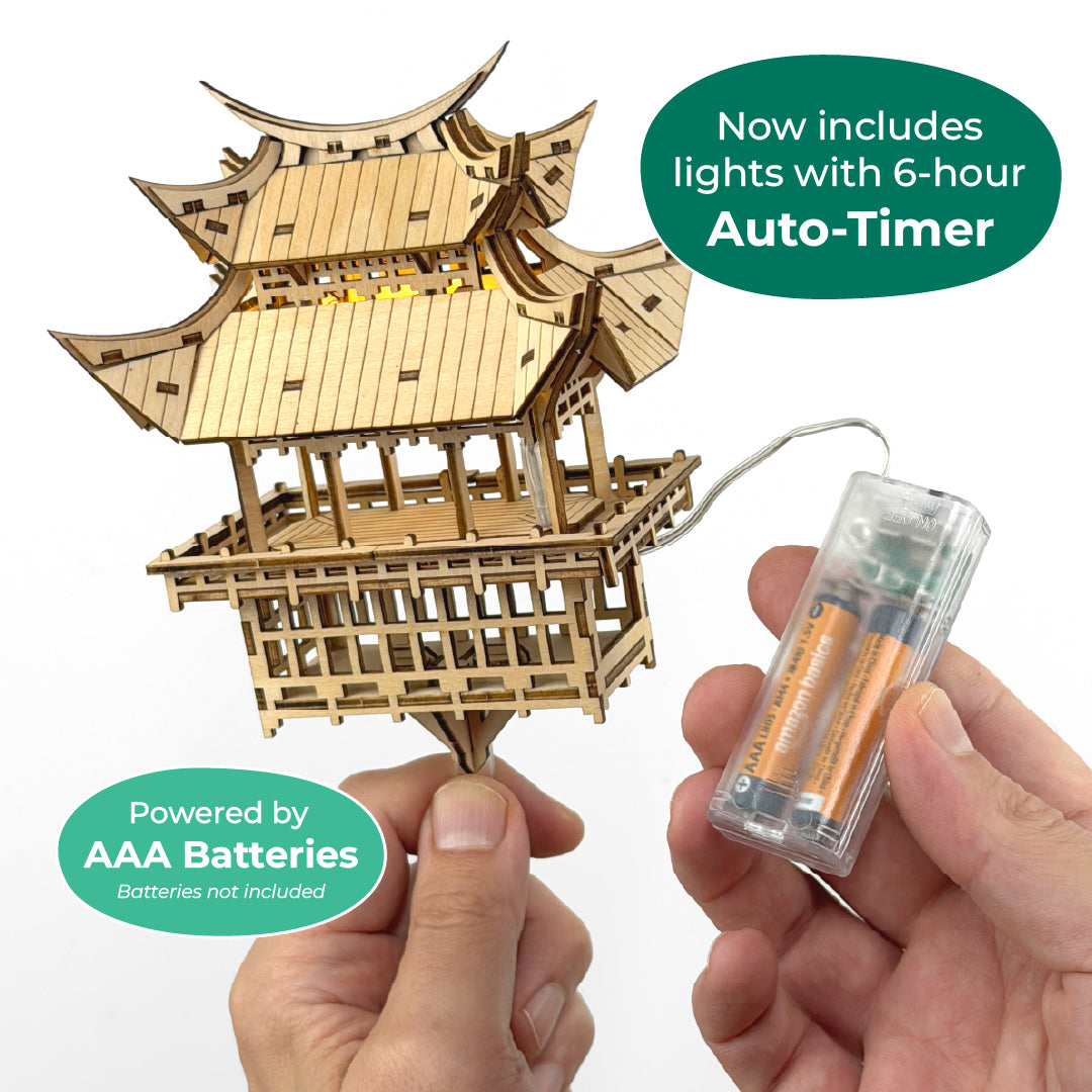 Tiny Treehouses 3D Puzzle Wooden pagoda Mini Tiny Treehouse 3D Puzzles model with battery pack and auto-timer on a white background