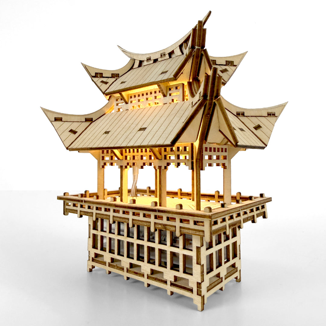 Tiny Treehouses 3D Puzzle Wooden Tiny Treehouse 3D Puzzles model of a traditional Japanese pagoda on a white background