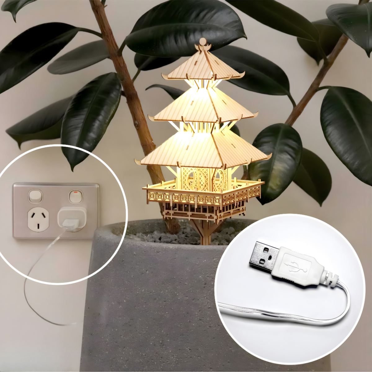 Decorative tiny treehouse pagoda lamp with power cord and USB cable on a neutral background