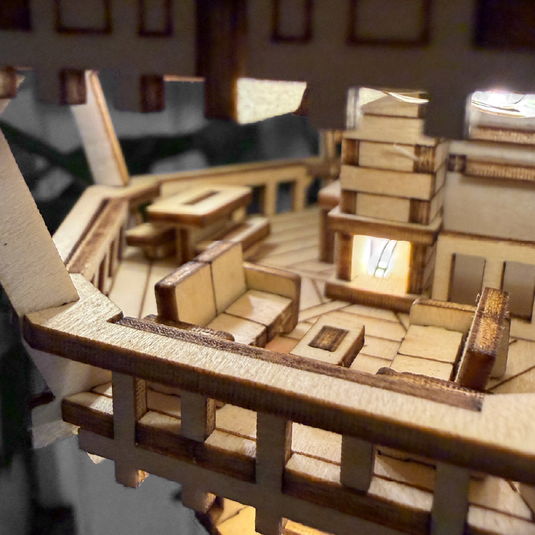 Tiny Treehouses 3D Puzzle Wooden model interior with detailed interior and lighting effects.