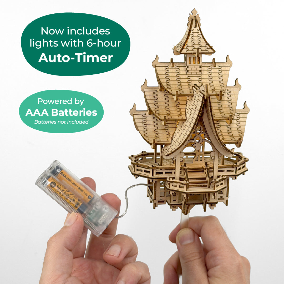 Tiny Treehouses 3D Puzzle Wooden Tiny Treehouse 3D Puzzle pagoda model with electronic components and text about lights and timer.