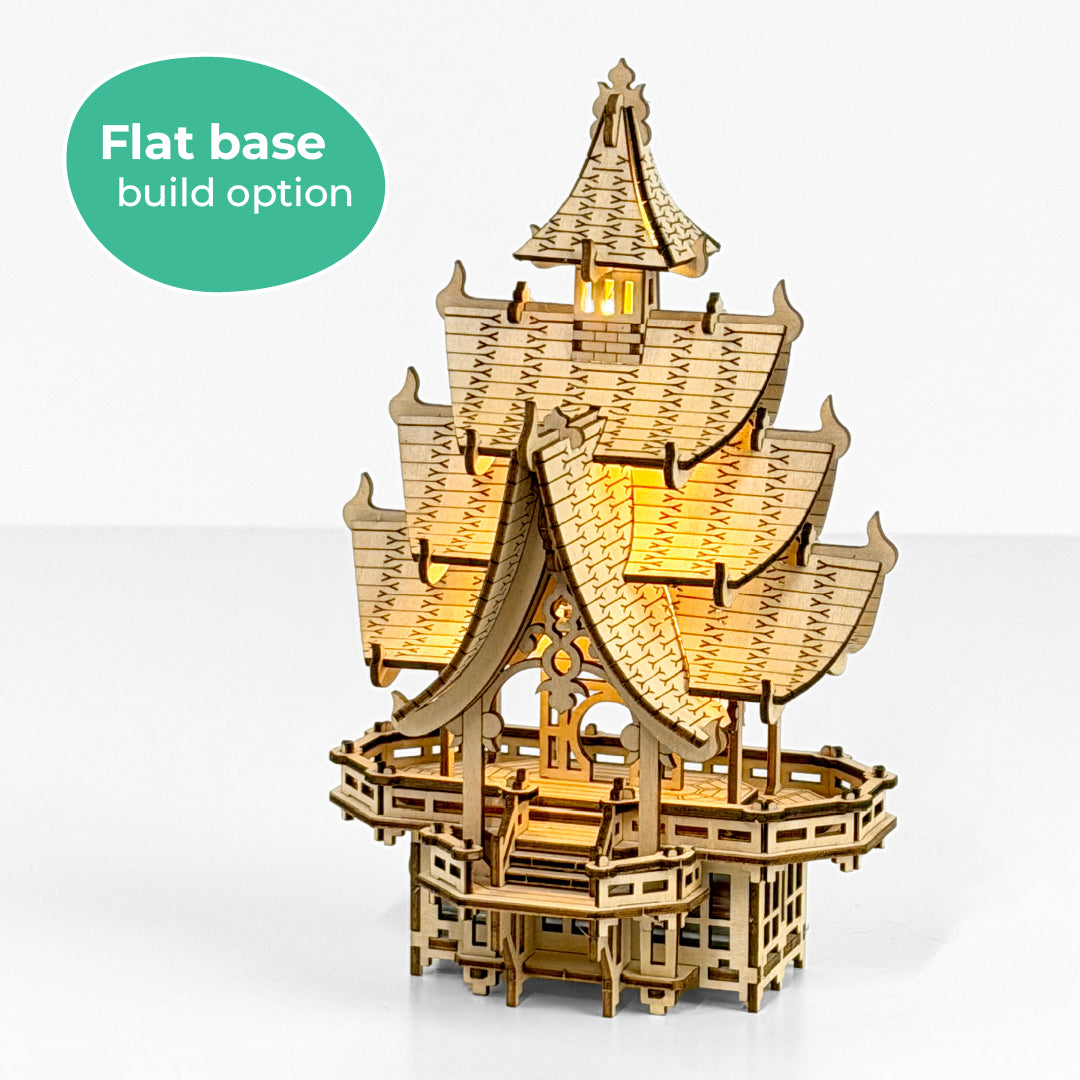 Tiny Treehouses 3D Puzzle Wooden Tiny Treehouse 3D Puzzle pagoda model with flat base build option on a white background